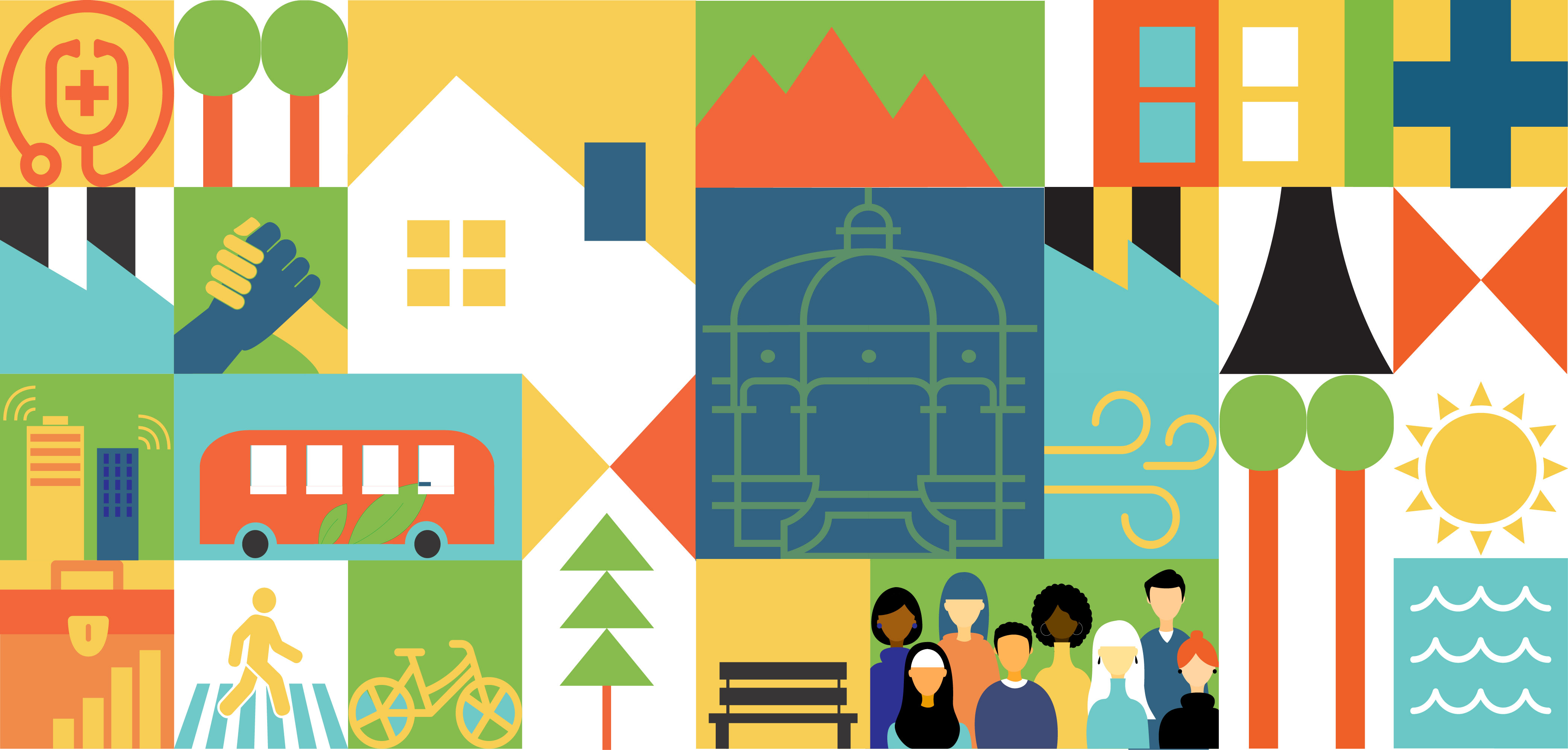A colorful, geometric flat illustration composed of a grid of tiles representing various elements of community, urban infrastructure, nature, and sustainability.
